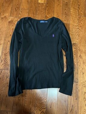 Ralph Lauren Black V-Neck Long Sleeve Top with Purple Pony